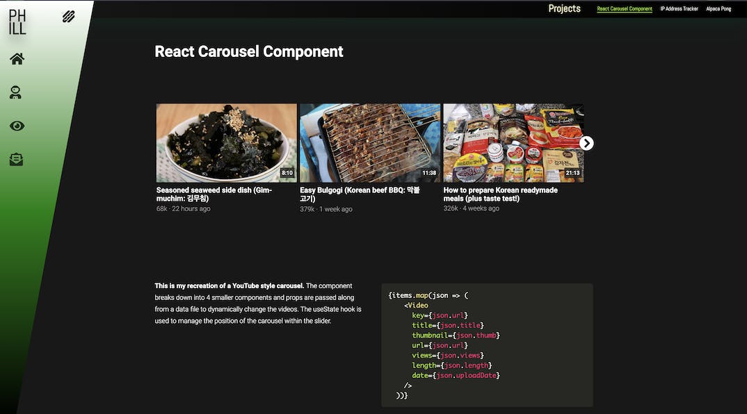Phill Aelony React Components - React component modeled after YouTube carousel.