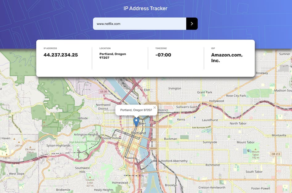 Phill Aelony Javascript app - an IP address tracker that uses 2 APIs to show location of IP address on map.